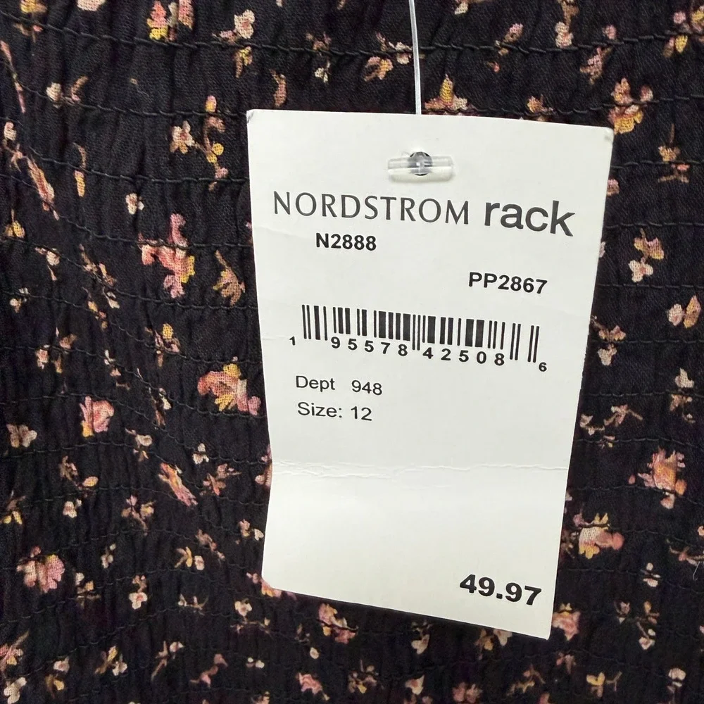 Madewell Smocked Floral Puff Sleeve Blouse 12 Black Womens NWT Boho Square Neck